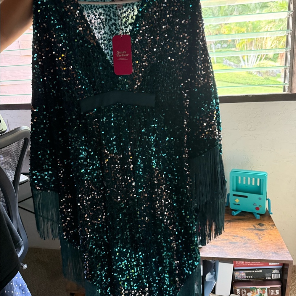 Sequin Fringe Caftan Dress in Green by Nicole Miller
